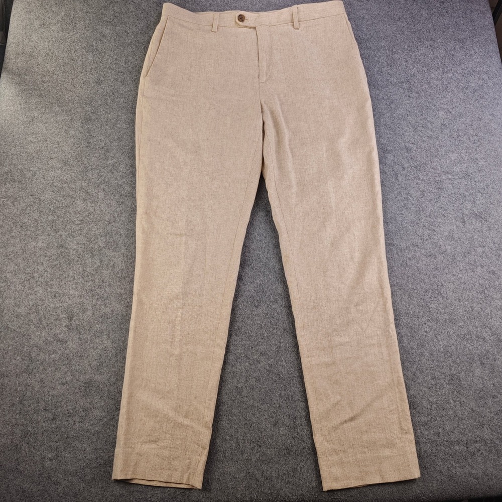 Banana Republic Tailored Fit Linen Blend Dress Pants Mens 34x34 Tan Herringbone